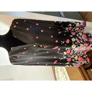 Investments Black Floral Print Long Sleeve Blouse with Gold Buttons-no size tag